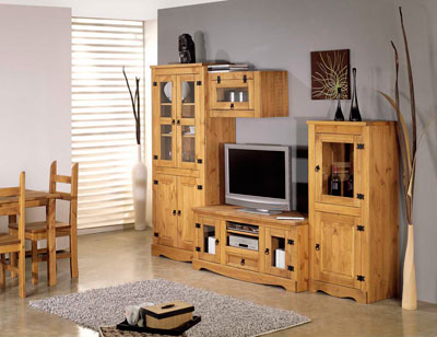 Mueble de salón comedor de madera estilo rústico con vitrina 2 ... Salon comedor de madera