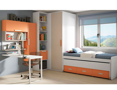 Dormitorio juvenil armario vestidor rincon cama puente naranja