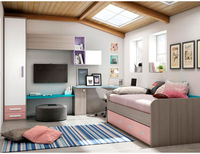 Dormitorio juvenil moderno box cube dos cama rosa