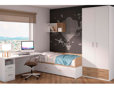 Dormitorio juvenil moderno cama cajones moderno roble